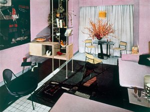 Voorbeeld van een woon-eetkamer, 1950s